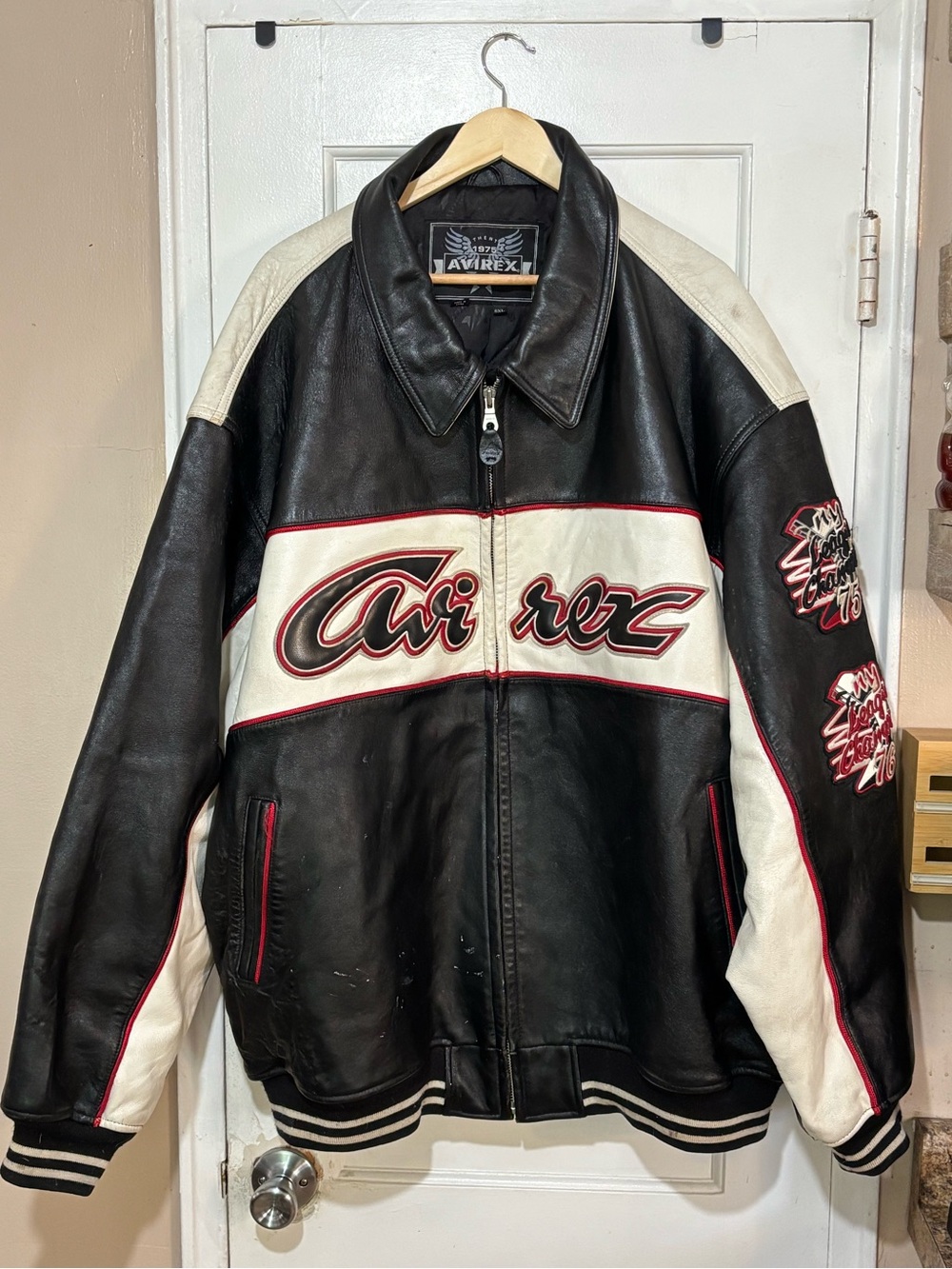 Avirex Black, Cream & Red Leather Bomber Jacket